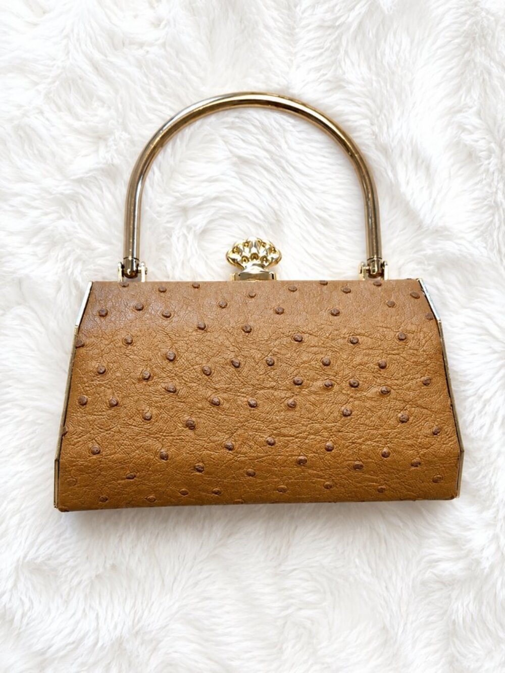Bijoux Terner Mini Purse, Brown Faux Ostrich Top Handle Structured Evening Bag